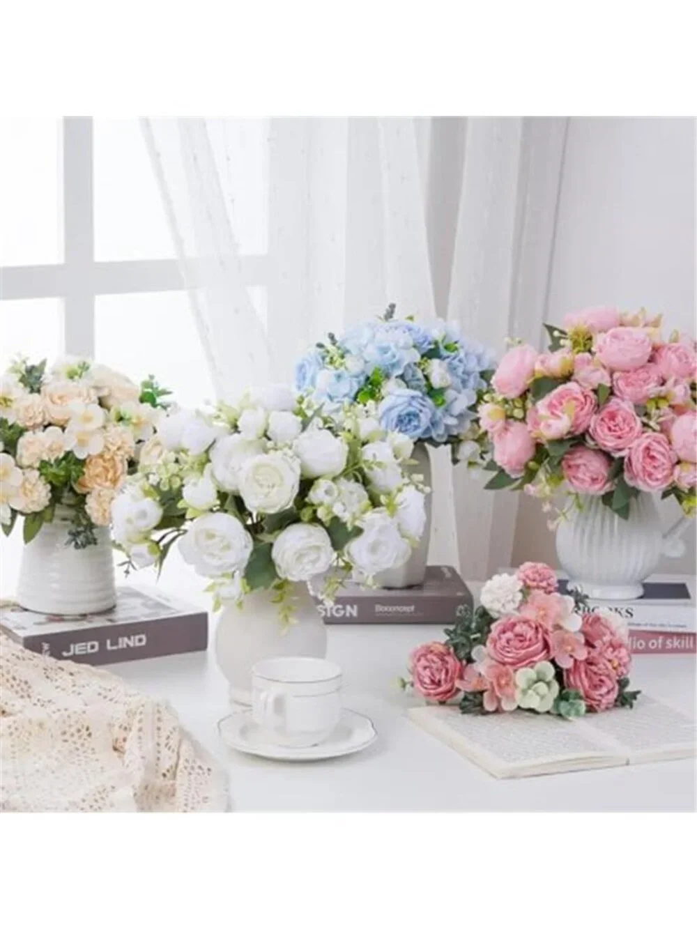Artificial Peony Flowers Faux Silk Bouquet Pink Floral Home Wedding Decor Set